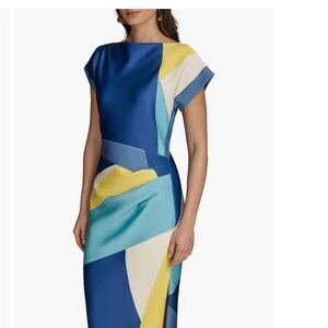 Donna Karan Blue and Yellow Geometric Midi Dress
